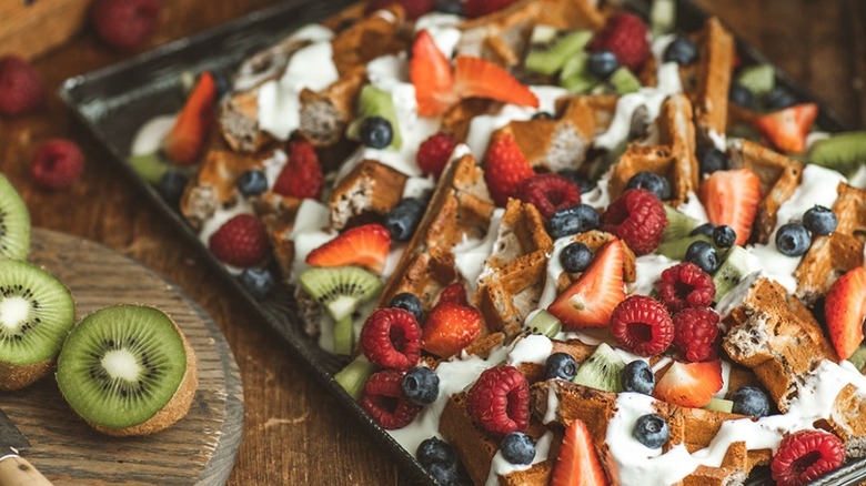 yogurt and fruit waffle pieces