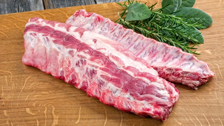 Racks of raw rib meat