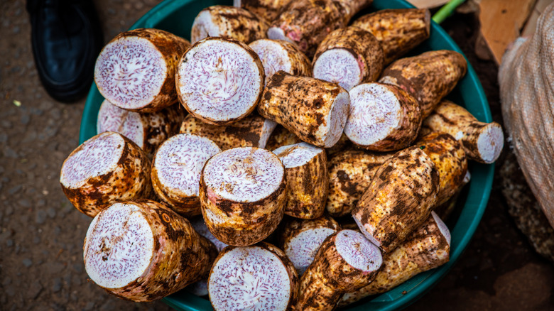 Large bowl of fresh taro root, cut open to show purple-white interior