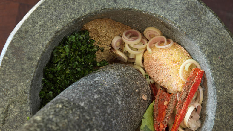mortar with Thai spices