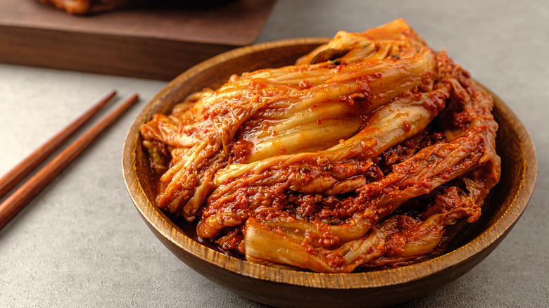 Kimchi in a wooden bowl