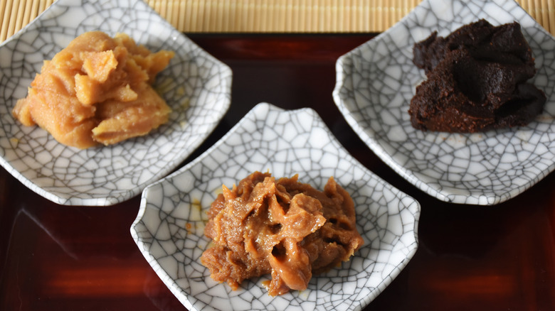 Decoratie plates with different types of miso paste on them