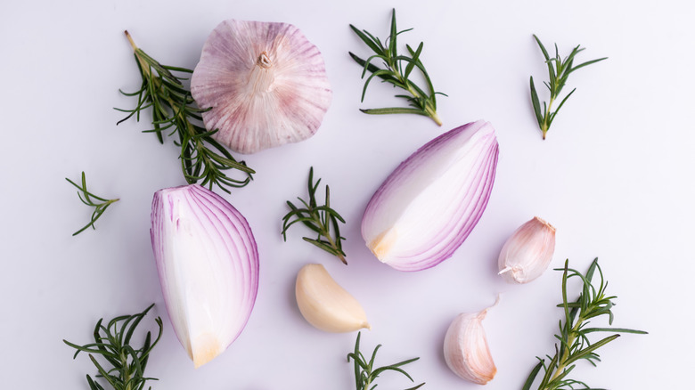 Garlic, onions, and fresh herbs