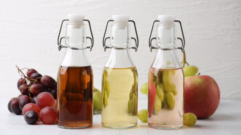 Different types of vinegar in glass decanters