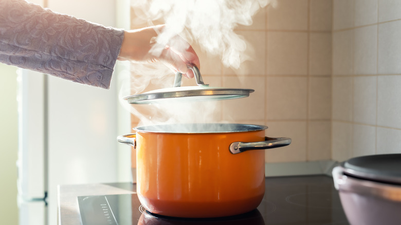 Person lifting lid from pot