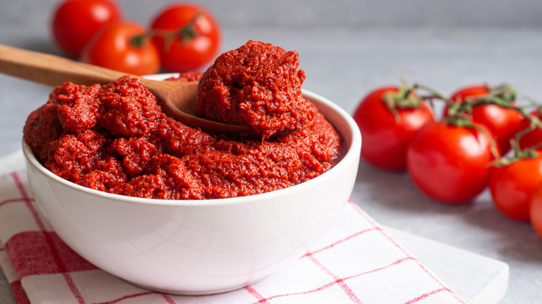 Tomato paste in a bowl and a wooden spoon on a kitchen napkin
