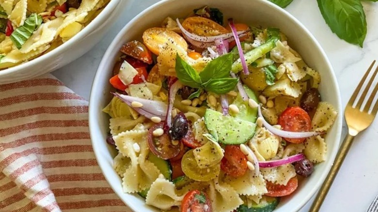 bowl of mediterranean pasta salad, fork