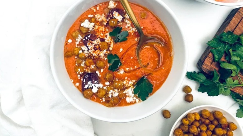 bowl of gazpacho, bowl of chickpeas, spoon