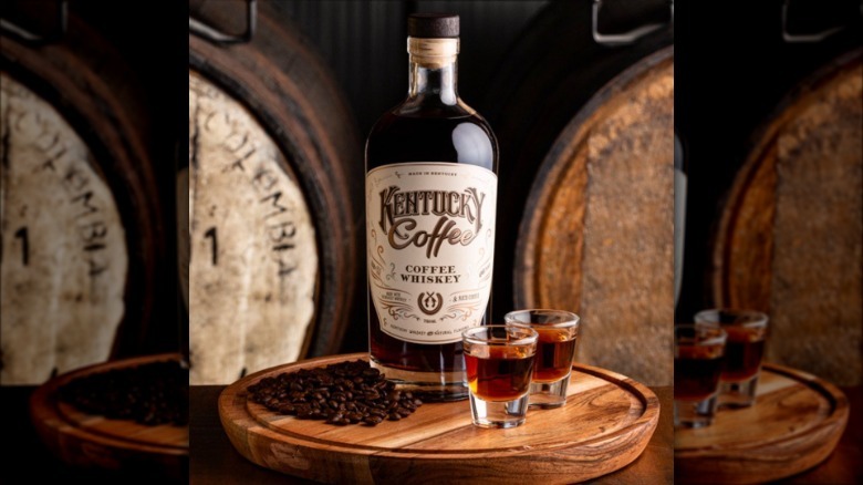 Kentucky Coffee Whiskey bottle and shots