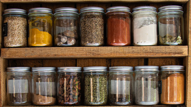 Rows of spices in jars