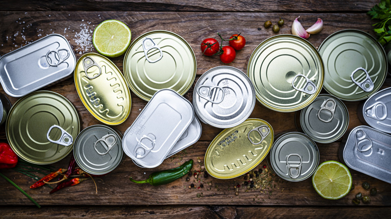 Overhead view of a collection of sealed cans of food