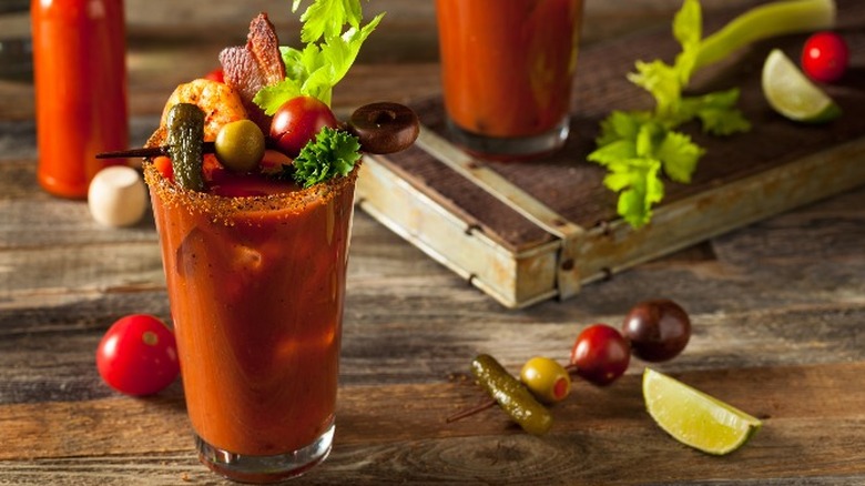 Bloody Mary cocktail on wood table