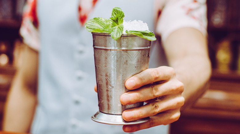 Person holding mint julep