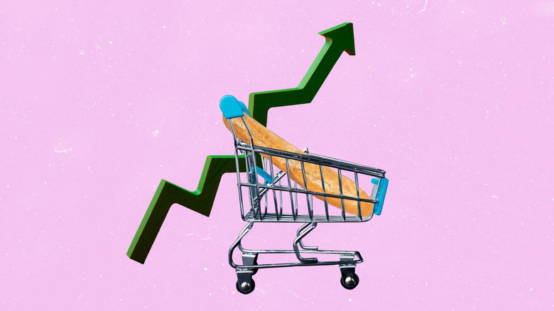 Composite image of a shopping cart with a baguette inside, with an upward-facing arrow behind it, indicating price rises