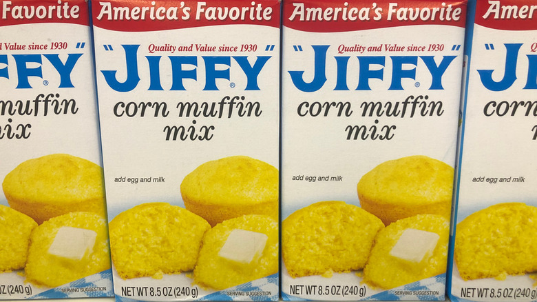 Boxes of Jiffy corn muffin mix in a line