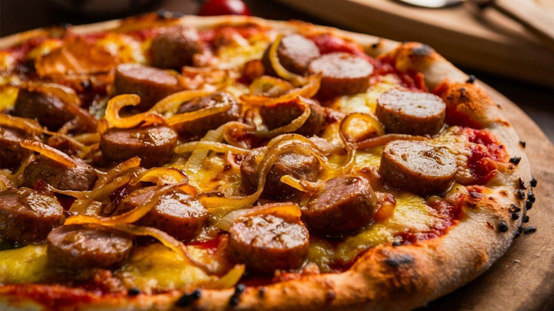 Close up of cornbread pizza with sausage and onions