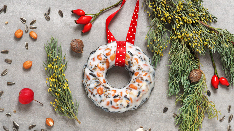 Birdseed wreath on red ribbon
