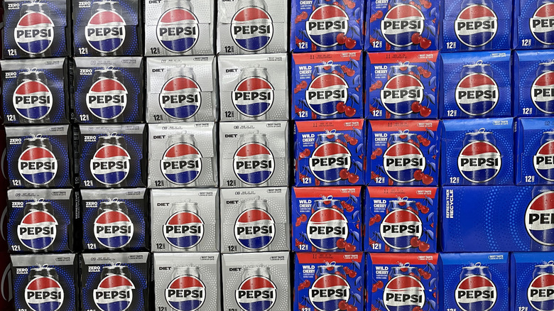 Cases of Pepsi stacked