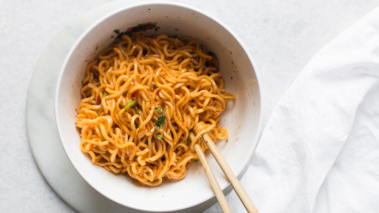 Overhead view of spicy instant noodles prepared without broth