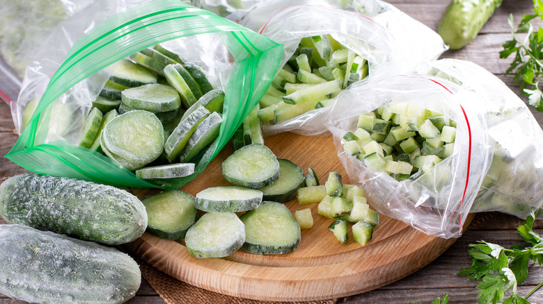 frozen cucumbers on cutting board