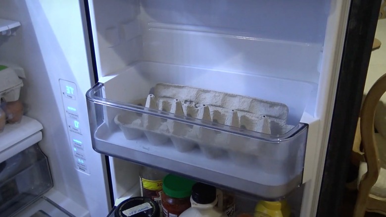 Interior of a refrigerator, with an egg carton in the door section