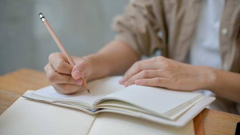 A person sits holding a pencil, ready to write a list in an open book
