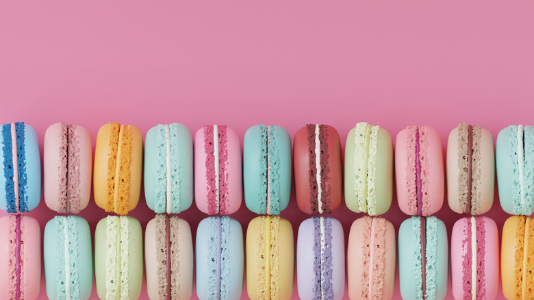 A line of colorful pastel macaroons