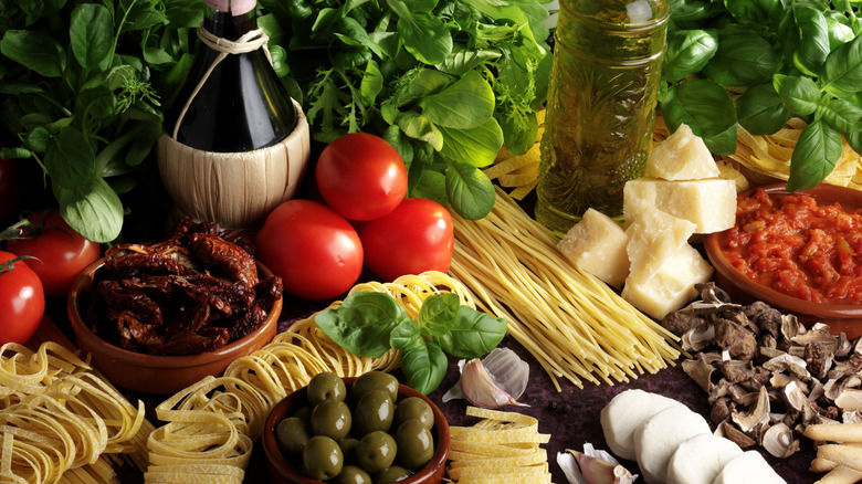 pasta, tomatoes, basil, and other ingredients