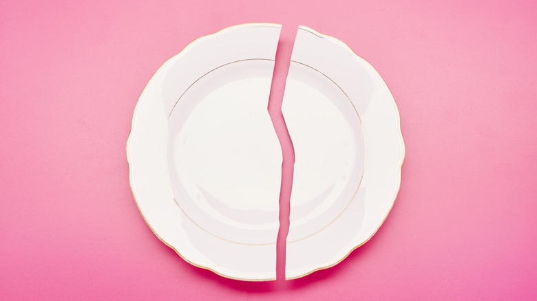 White plate cracked down the middle on a bright pink background