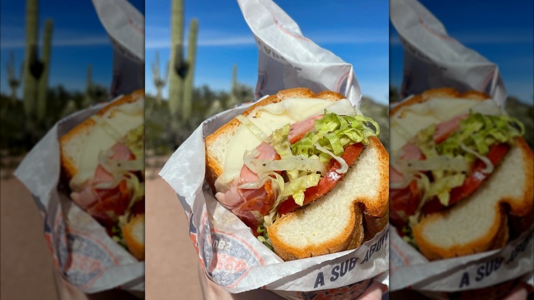 A hand holds a gluten-free Jersey Mike's sub