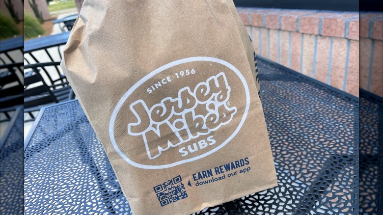 A Jersey Mike's bag, with a QR code to earn points printed on its outside