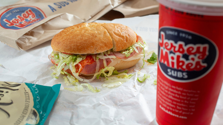 Jersey Mike's combo meal, featuring a sub, chips, and a drink