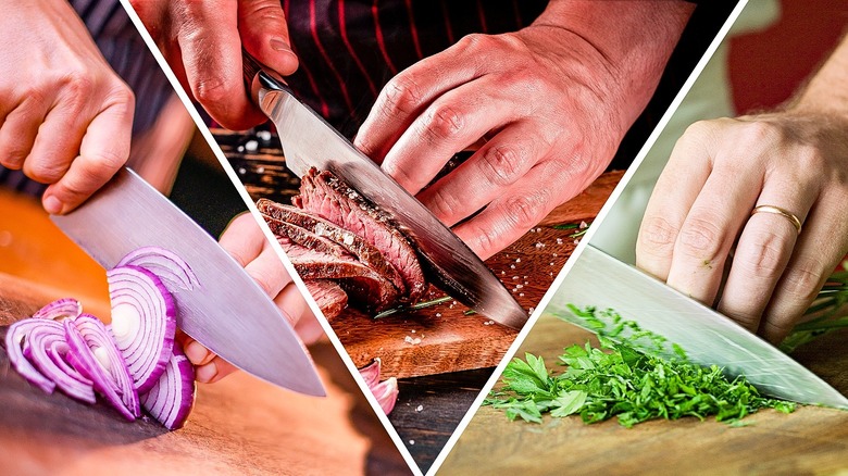 knives cutting different items