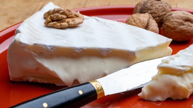 Wedge of ripe brie with walnuts