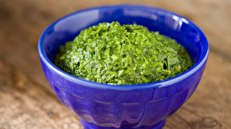 Chimichurri in blue bowl
