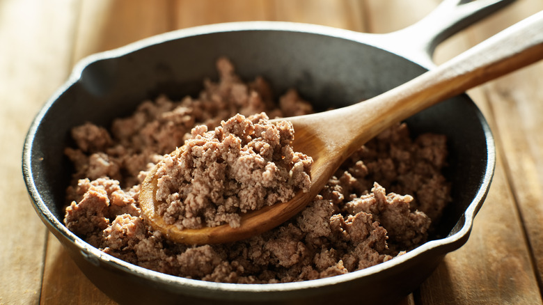 cooked beef in skillet