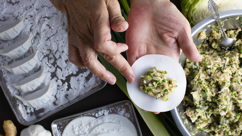 person filling dumpling