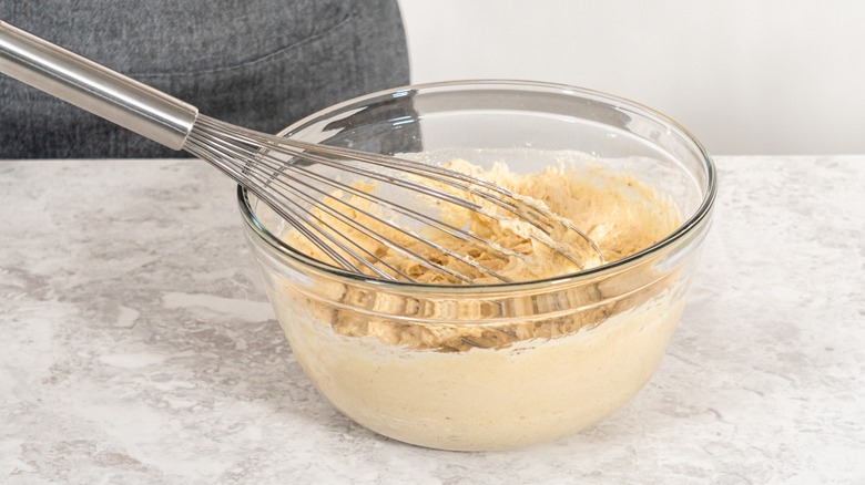 bowl of batter with whisk