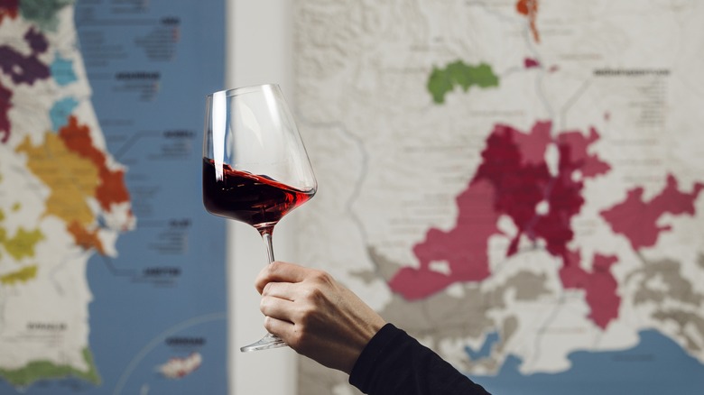 A person holds a glass of wine in front of a world map