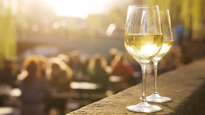 Two glasses of white wine sit on an exterior wall in the sunshine