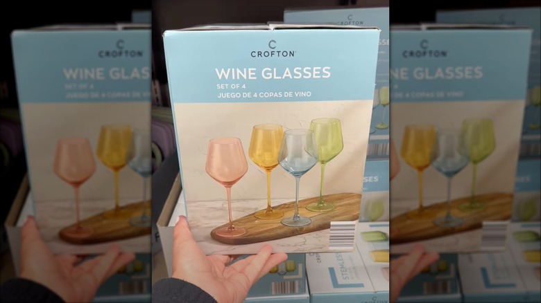 Box of pastel wine glasses at Aldi