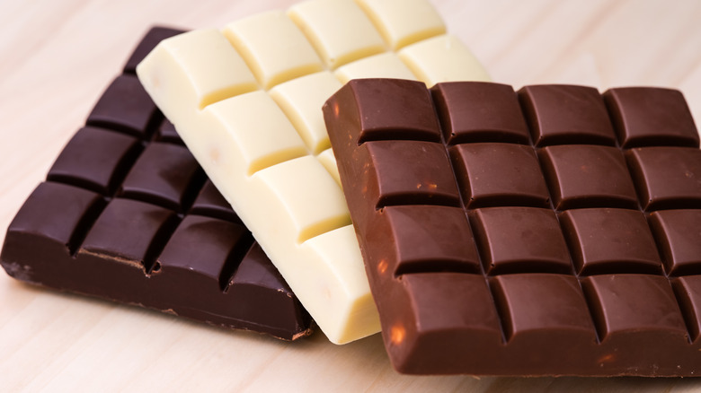 Bars of dark, white, and milk chocolate on a table