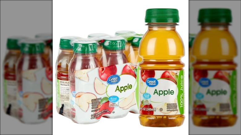 Bottles of Great Value apple juice