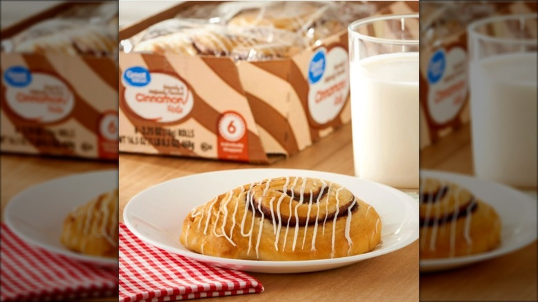 Great Value cinnamon rolls in package and on a plate