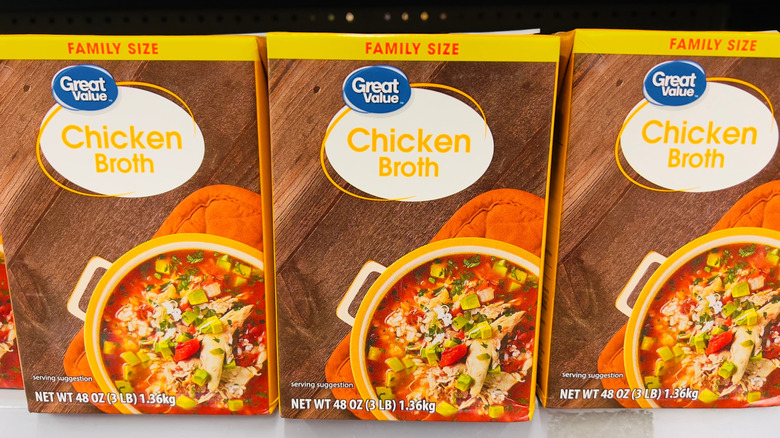 Boxes of Great Value chicken broth