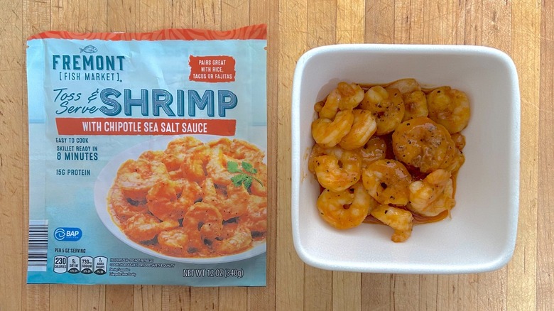 Package and white bowl of Fremont Fish Market Chipotle Sea Salt Toss & Serve Shrimp