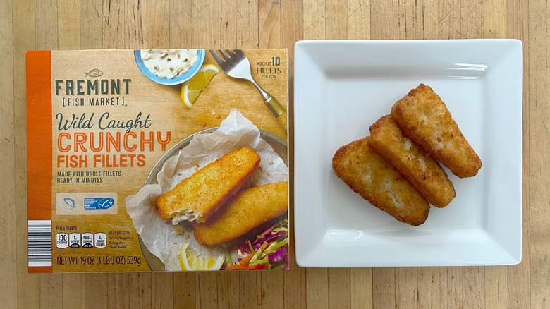 Box and white plate of Fremont Fish Market Wild Caught Crunchy Fish Fillets