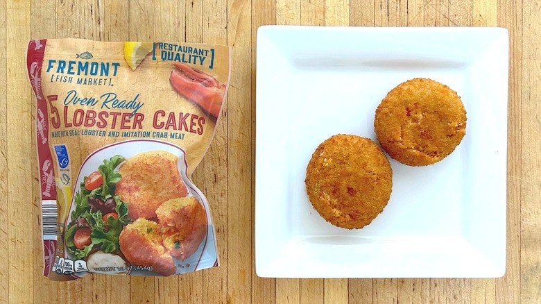 Package and white plate of Fremont Fish Market Lobster Cakes