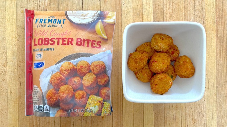 Package and white bowl of Fremont Fish Market Lobster Bites
