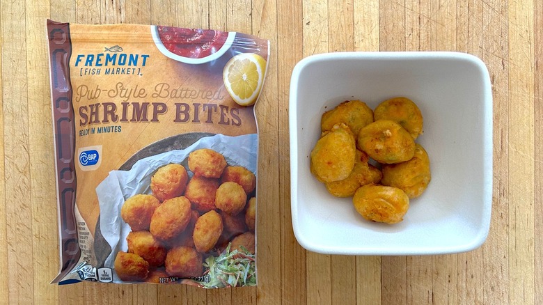 Package and white bowl of Fremont Fish Market Pub-Style Shrimp Bites